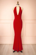 Caiden Red | Halter V Neck Open Back Mermaid Dress