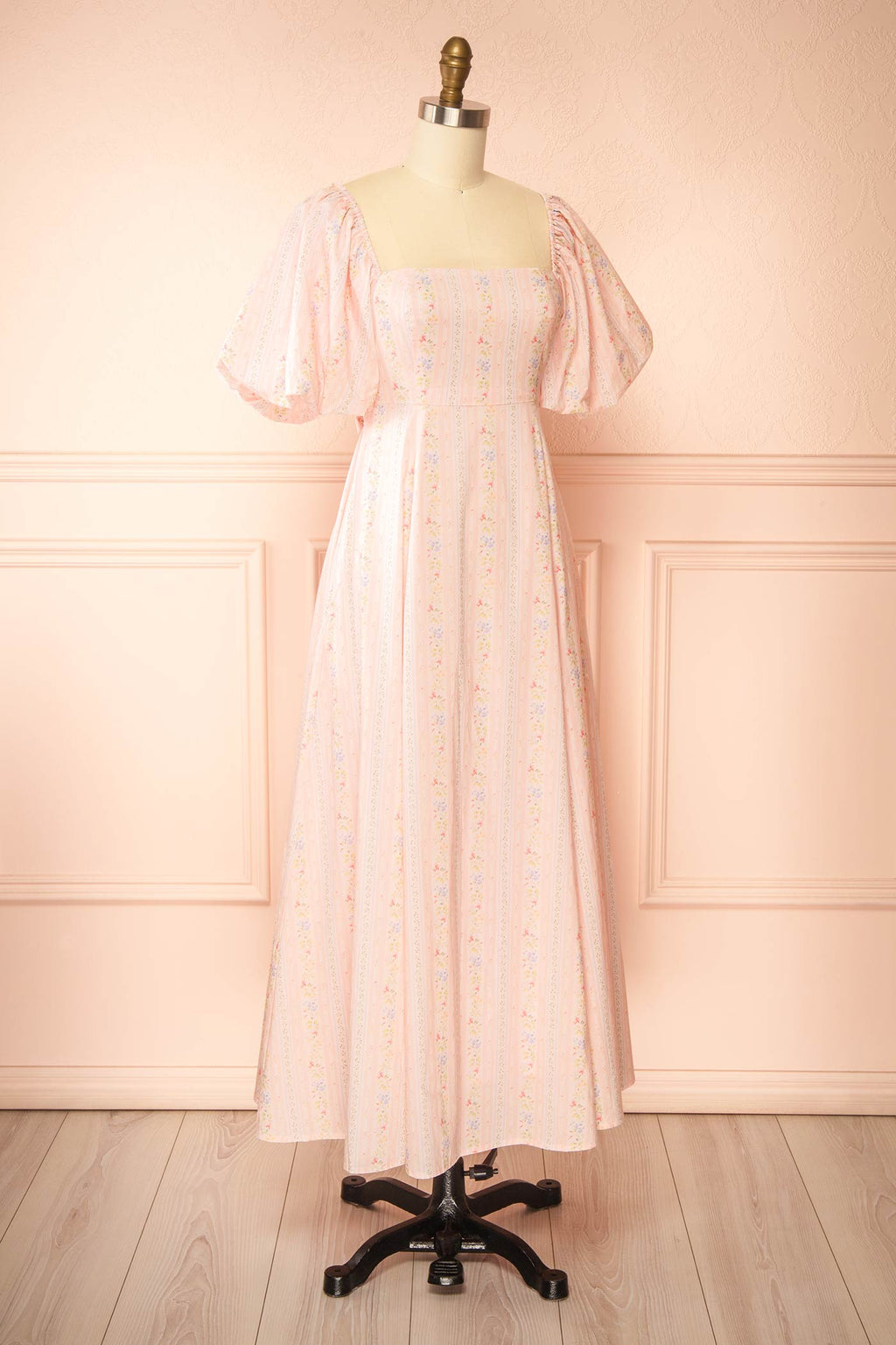 Calluna | Pink Floral Striped Puff Sleeve Midi Dress with Pockets