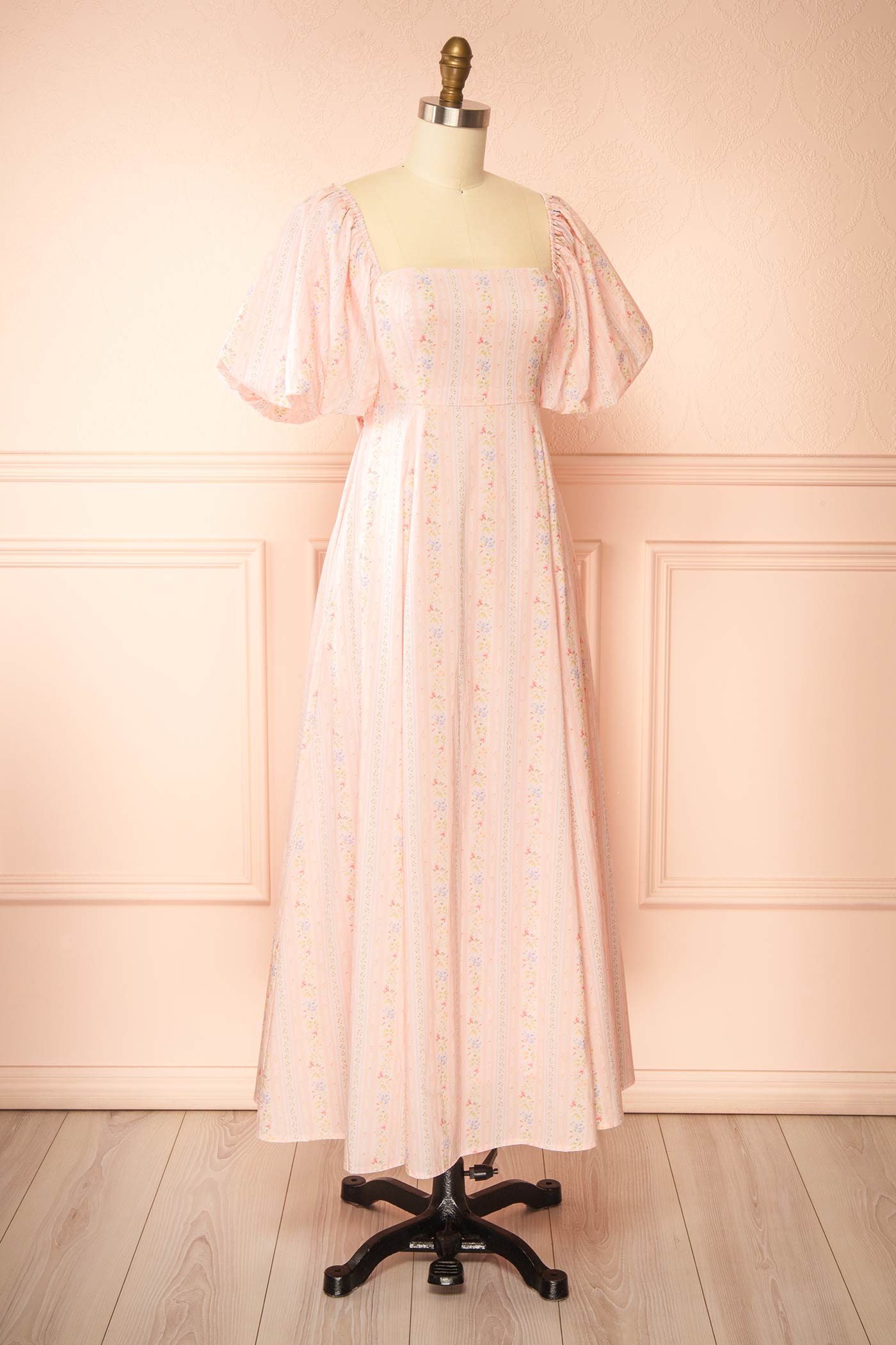 Calluna | Pink Floral Striped Puff Sleeve Midi Dress with Pockets