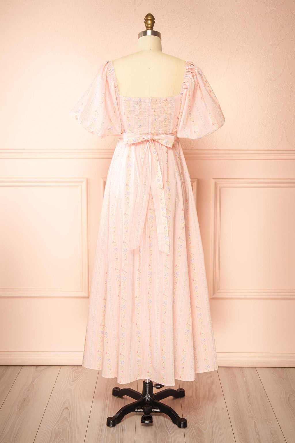 Calluna | Pink Floral Striped Puff Sleeve Midi Dress with Pockets