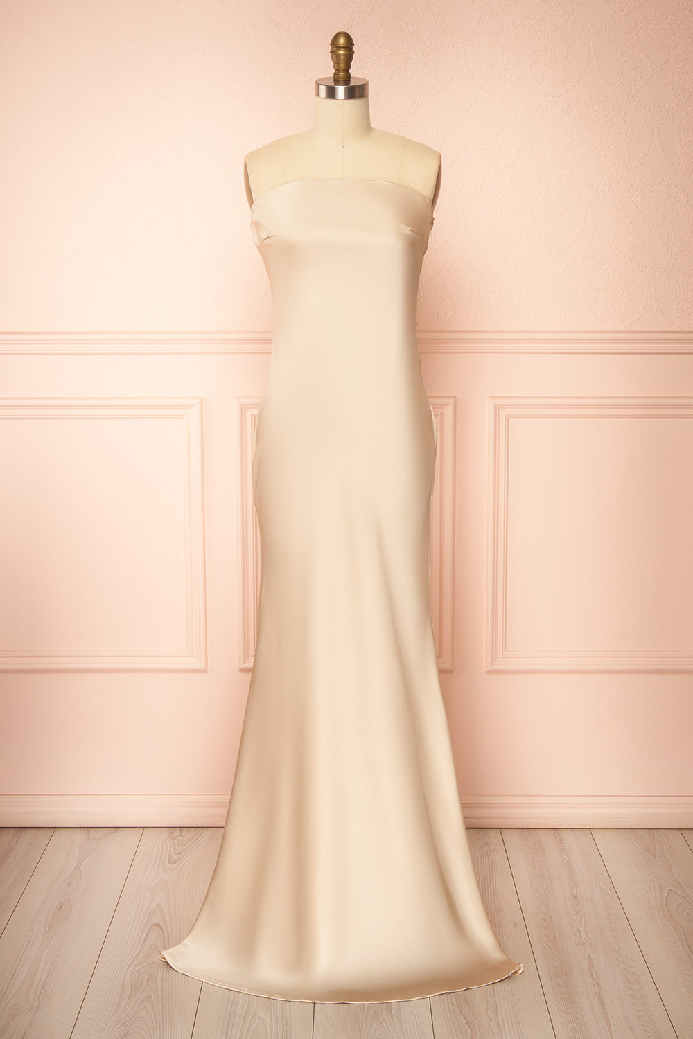 Cathleen Champagne | Fitted Strapless Satin Maxi Dress
