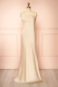 Cathleen Champagne | Fitted Strapless Satin Maxi Dress