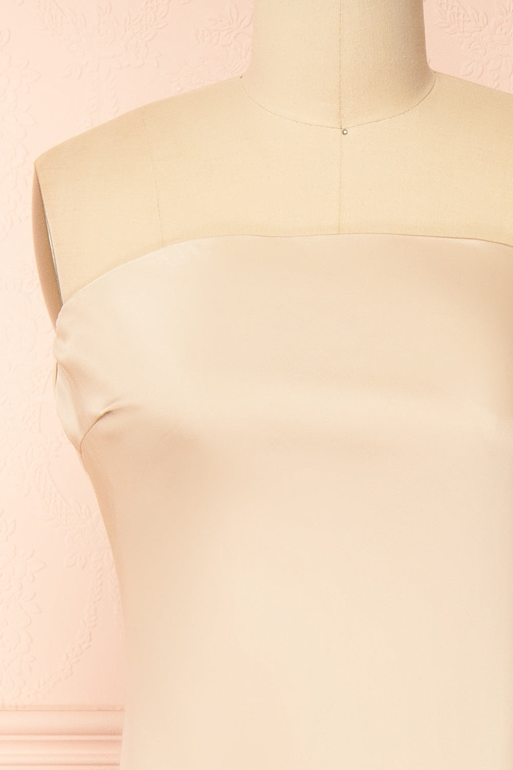 Cathleen Champagne | Fitted Strapless Satin Maxi Dress