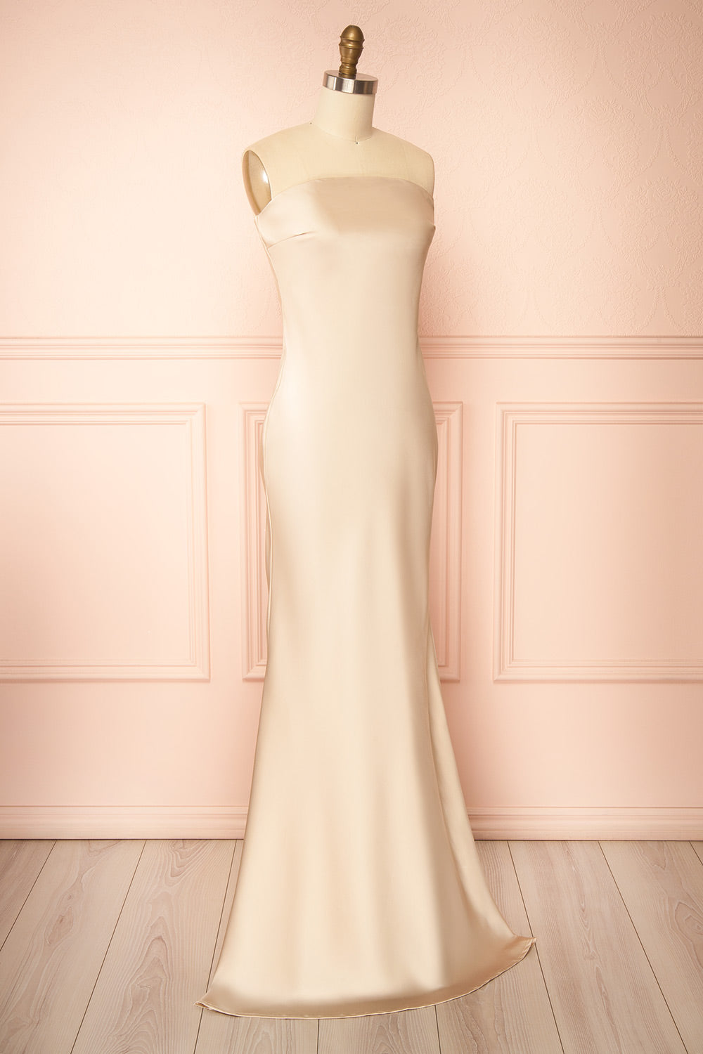 Cathleen Champagne | Fitted Strapless Satin Maxi Dress