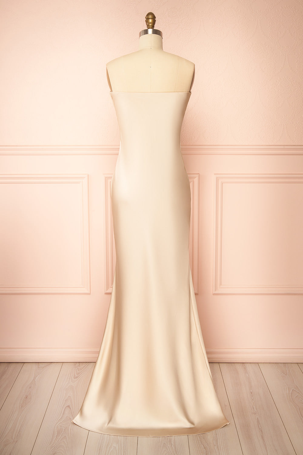 Cathleen Champagne | Fitted Strapless Satin Maxi Dress