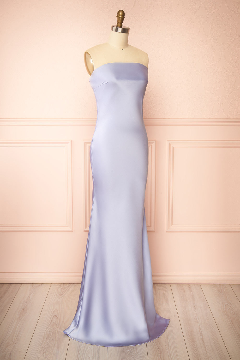 Cathleen Lavender | Fitted Strapless Satin Maxi Dress