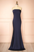 Cathleen Navy | Fitted Strapless Satin Maxi Dress