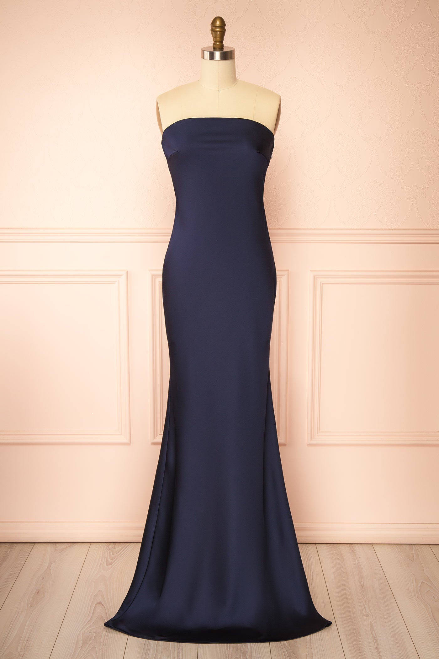 Cathleen Navy | Fitted Strapless Satin Maxi Dress