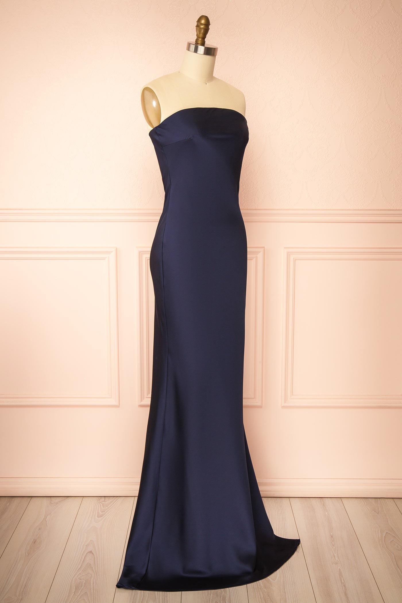 Cathleen Navy | Fitted Strapless Satin Maxi Dress