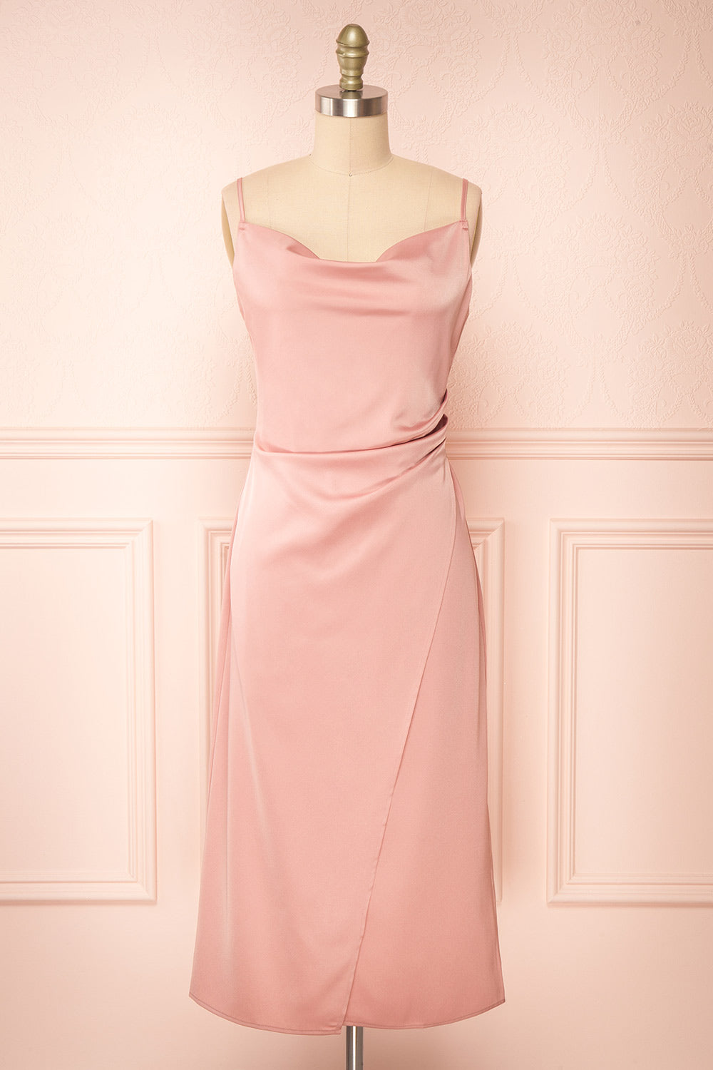 Chloe Blush | Cowl Neck Satin Midi Slip Dress