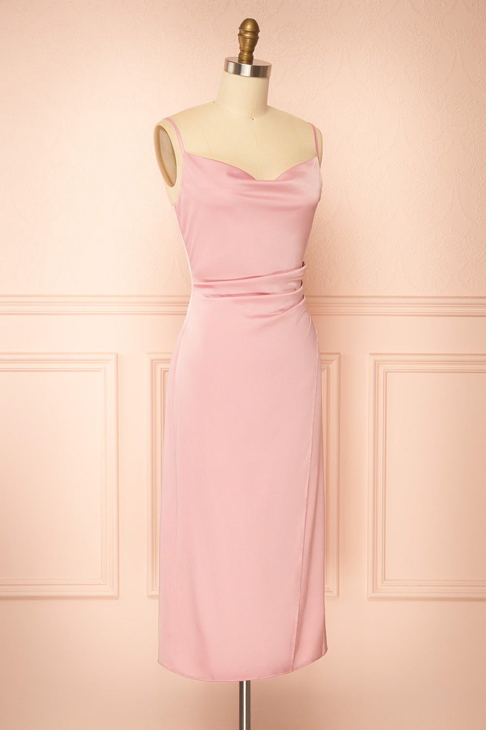 Chloe Pink | Cowl Neck Satin Midi Slip Dress