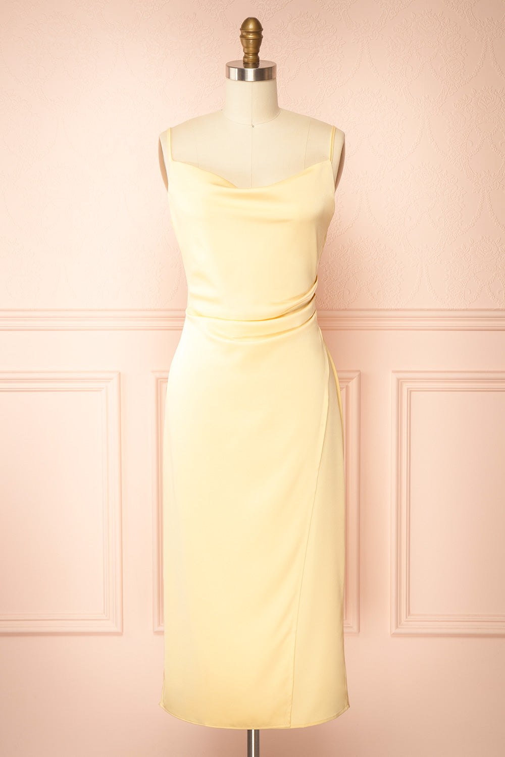 Chloe Light Yellow | Cowl Neck Satin Midi Slip Dress