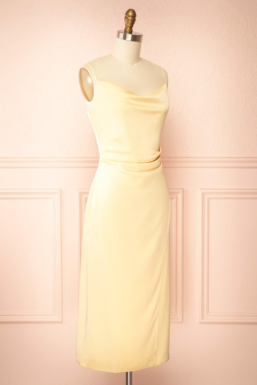 Chloe Light Yellow | Cowl Neck Satin Midi Slip Dress