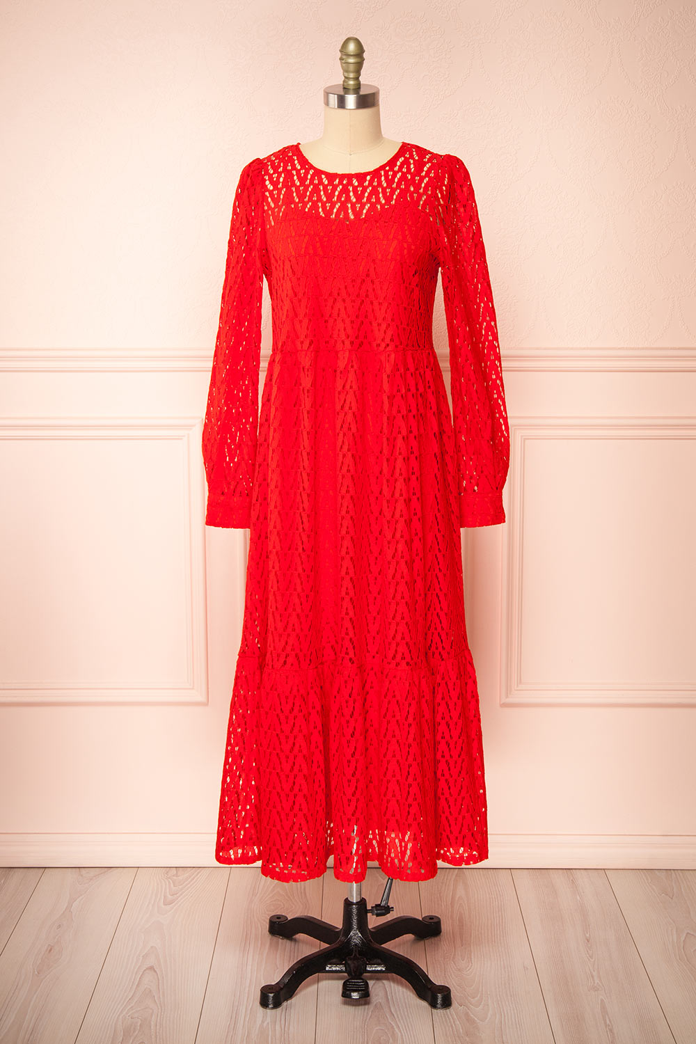 Christina | Red Lace Midi Dress w/ Long Sleeves