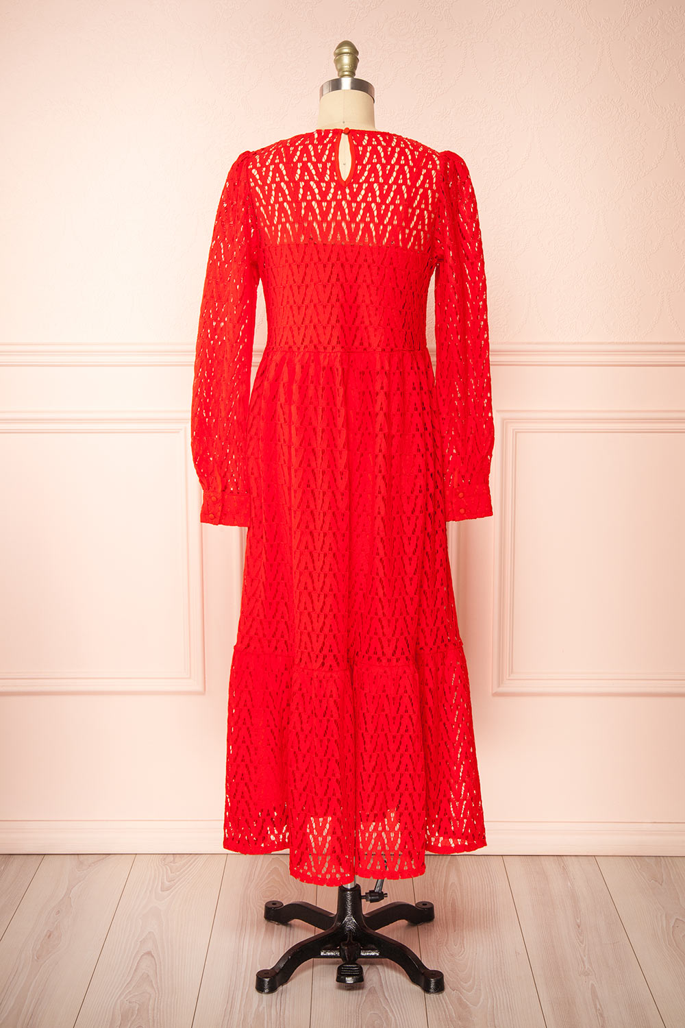 Christina | Red Lace Midi Dress w/ Long Sleeves