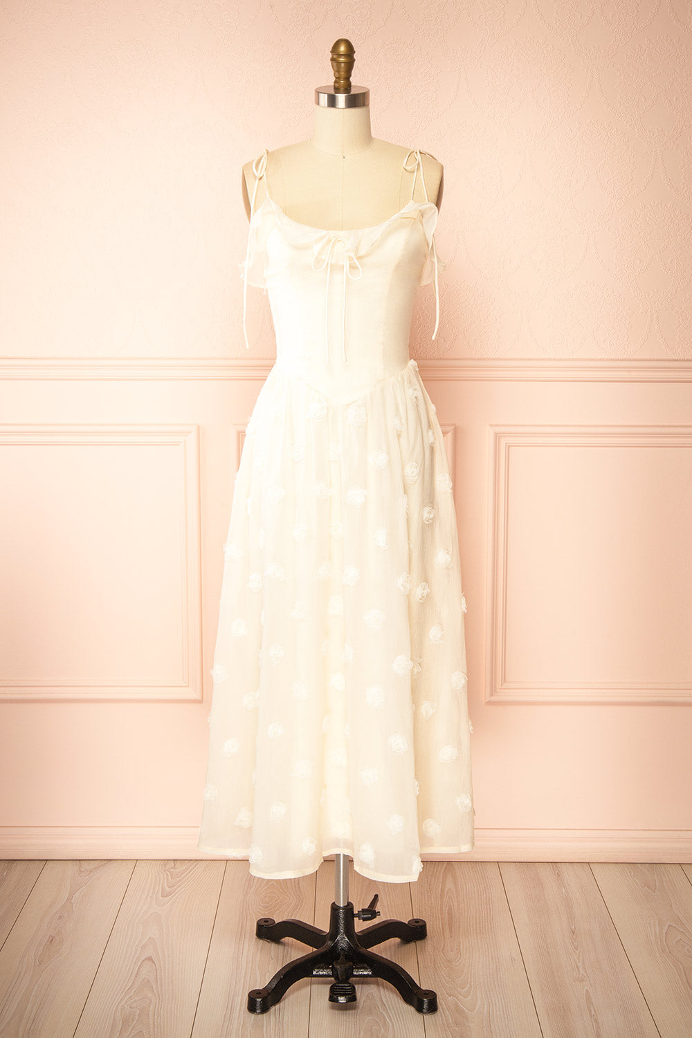 Claribel | Cream Midi Dress with Floral Embellishment