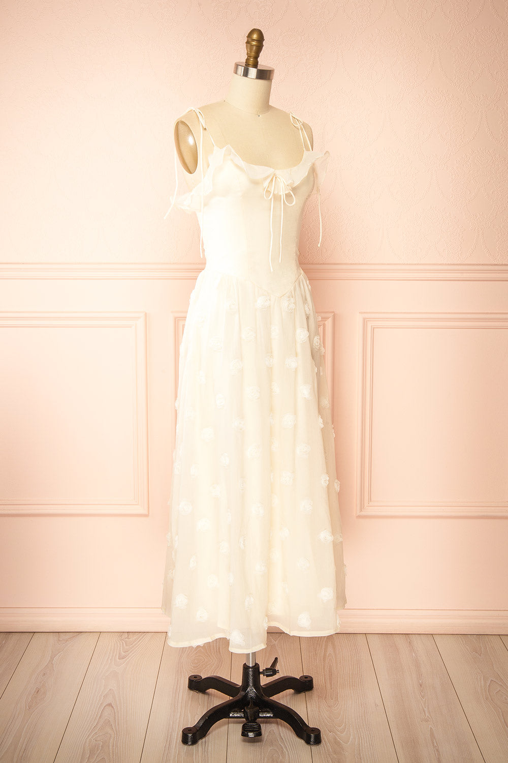 Claribel | Cream Midi Dress with Floral Embellishment