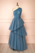 Cody Blue Grey | Maxi One Shoulder Dress with Glitters
