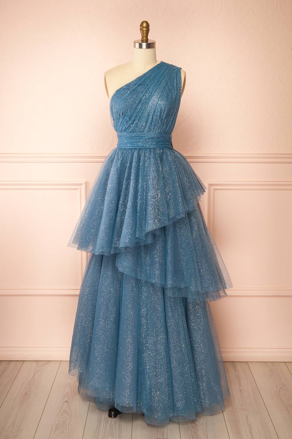 Cody Blue Grey | Maxi One Shoulder Dress with Glitters
