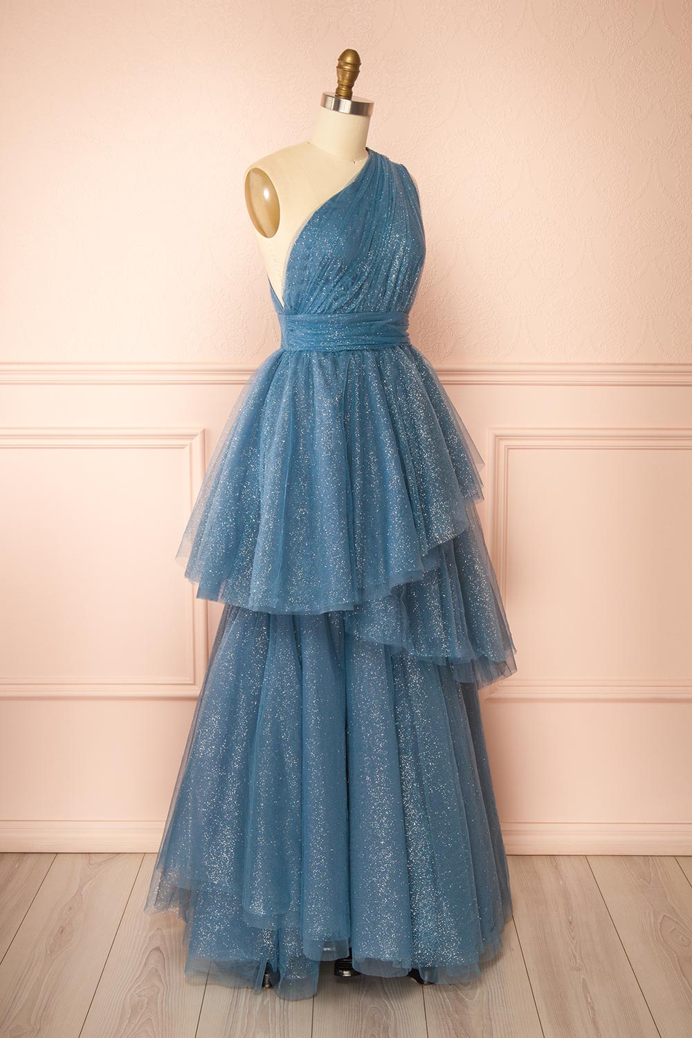 Cody Blue Grey | Maxi One Shoulder Dress with Glitters