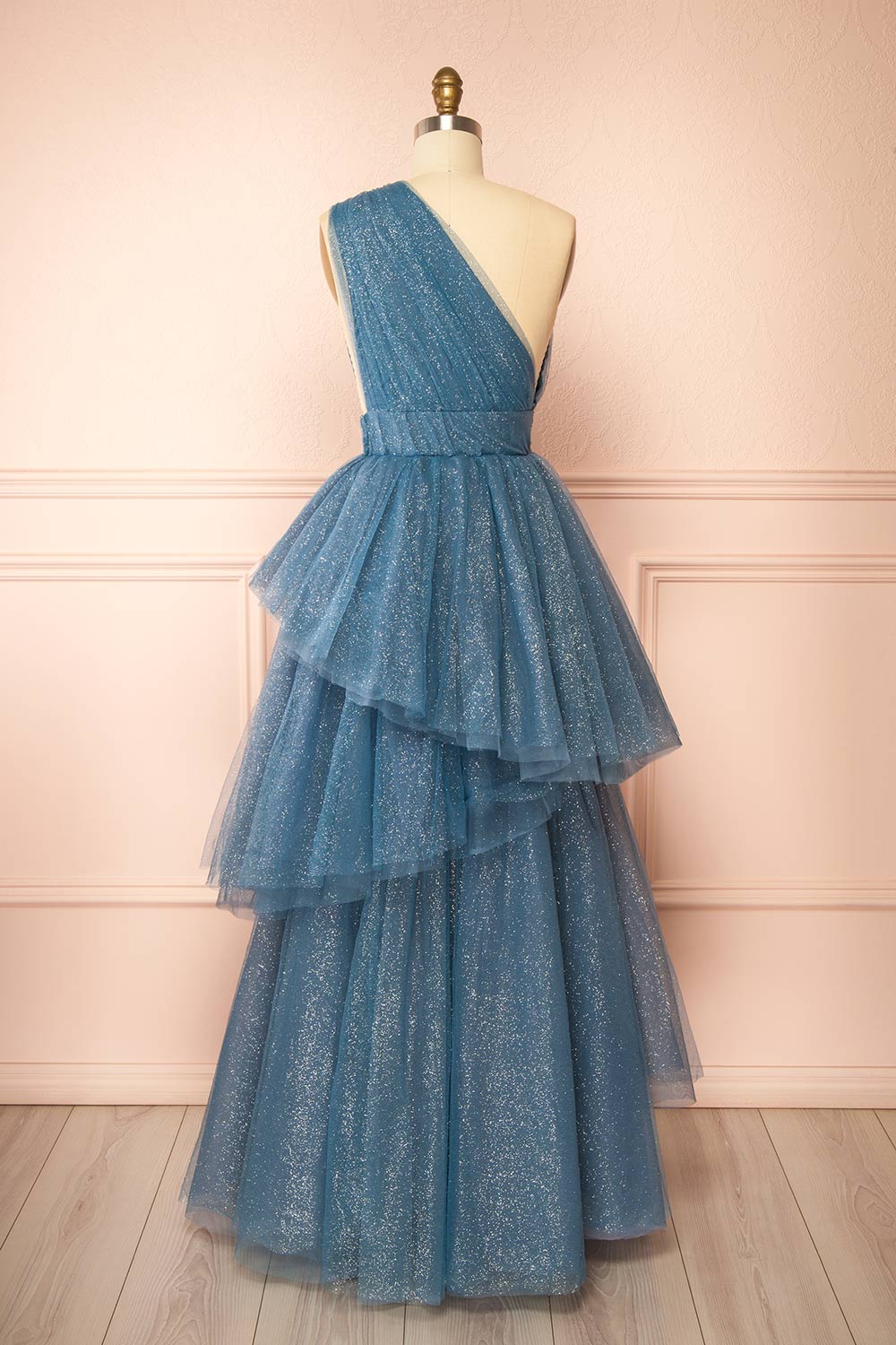 Cody Blue Grey | Maxi One Shoulder Dress with Glitters