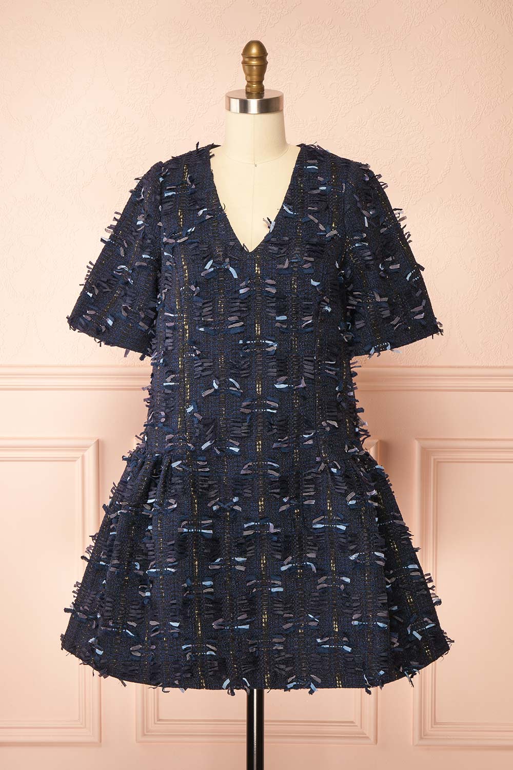 Coralyne | Navy Tweed V-Neck Mini Dress