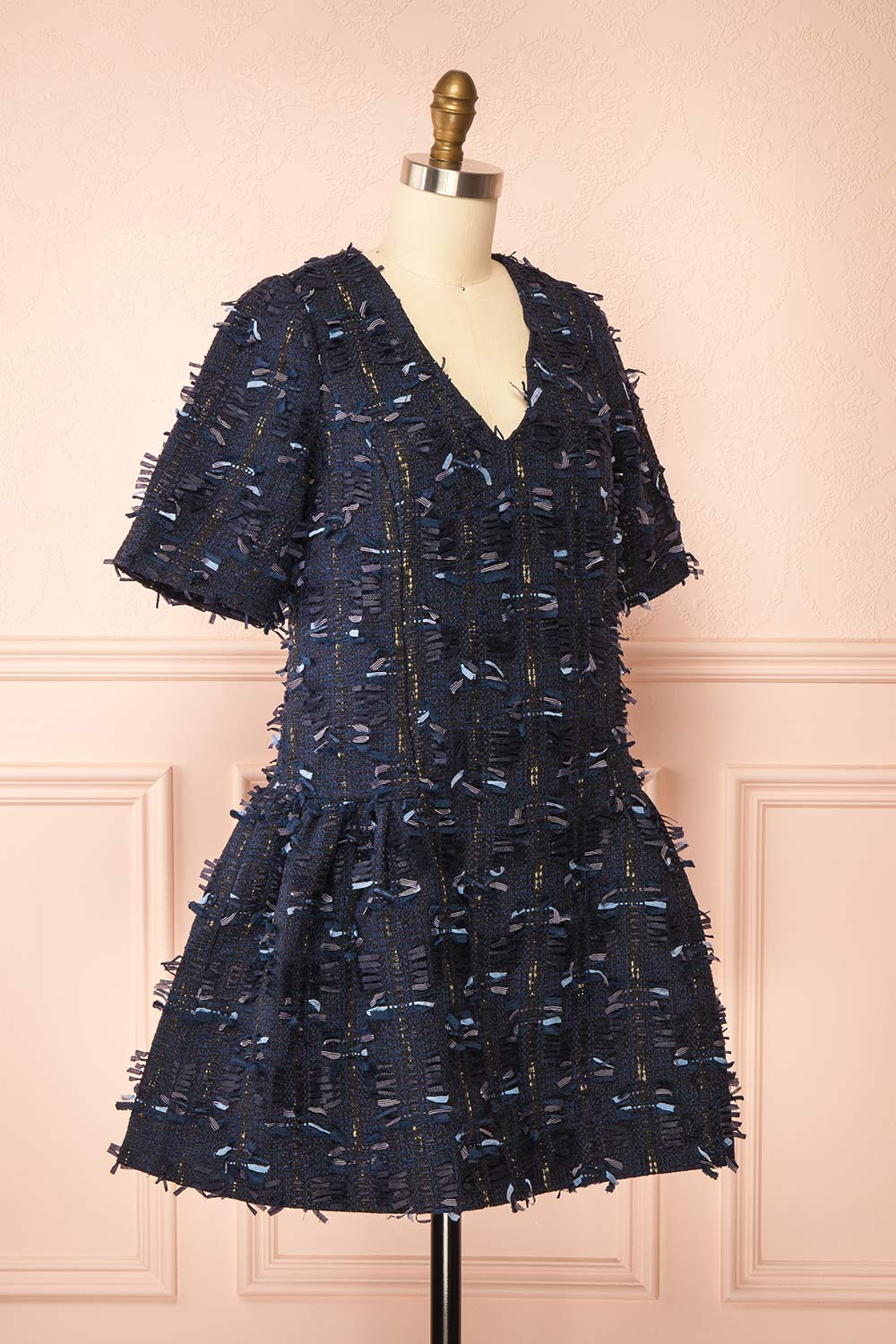 Coralyne | Navy Tweed V-Neck Mini Dress