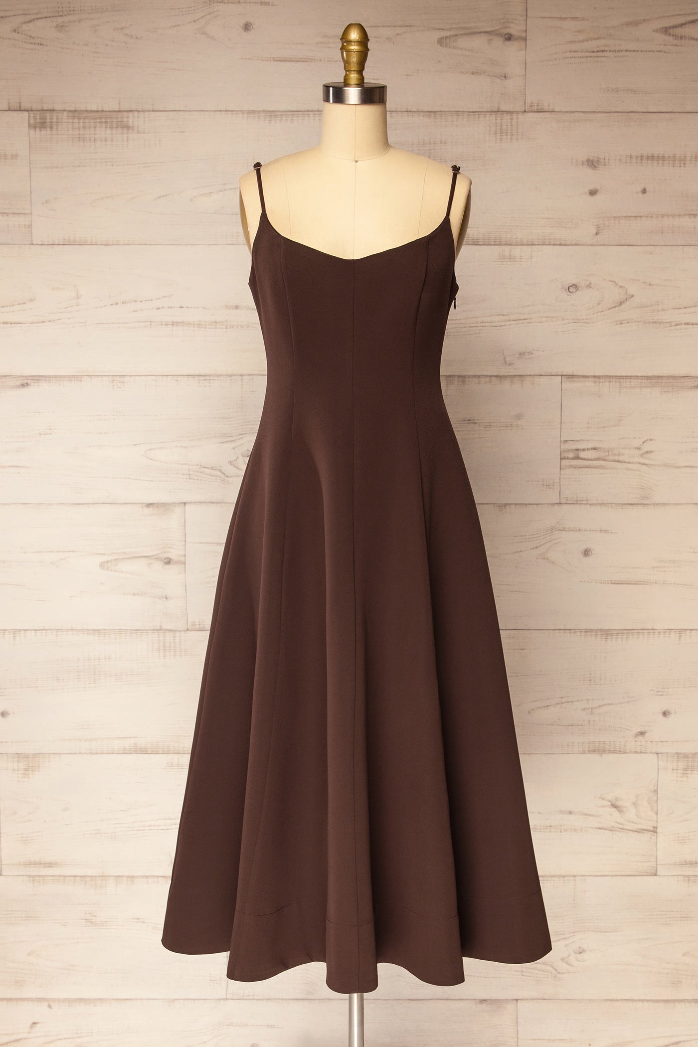 Corowa | Brown A-Line Midi Dress with Adjustable Straps