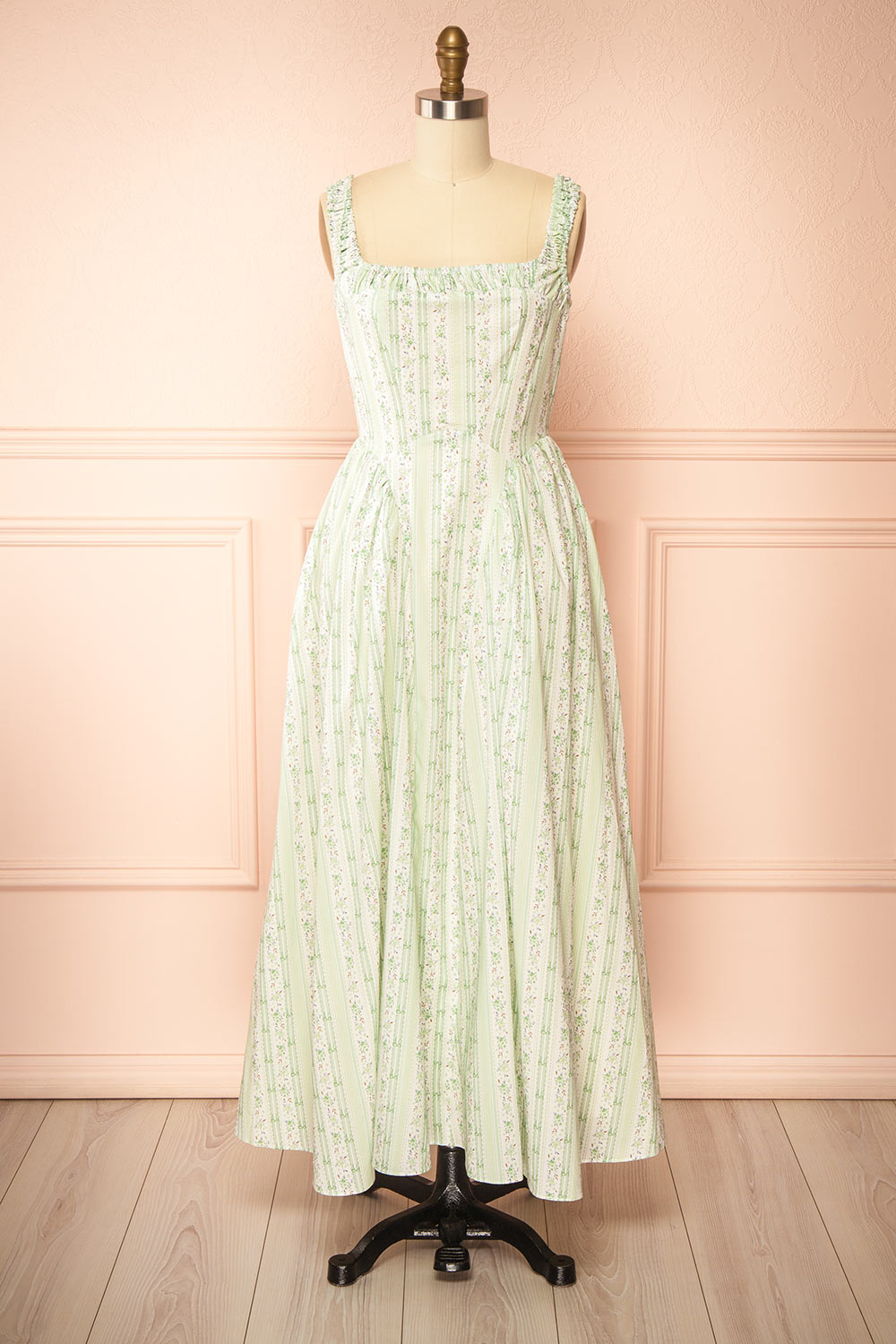Daiko Green | Floral A-Line Maxi Dress with Corset Bust