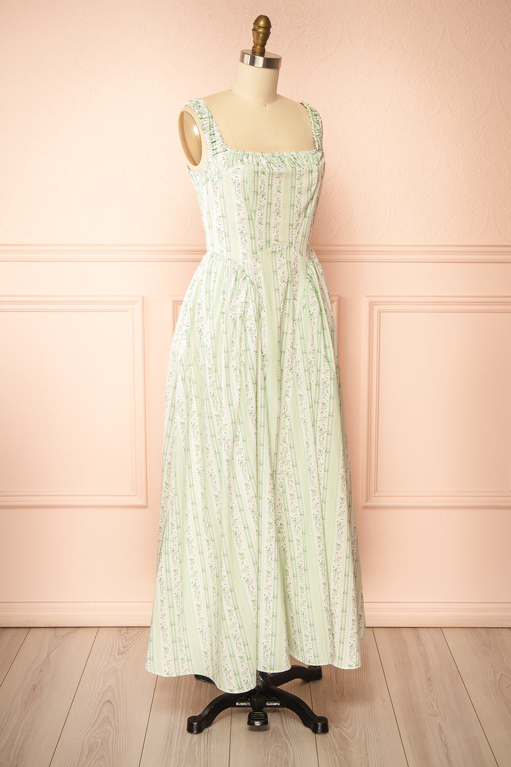 Daiko Green | Floral A-Line Maxi Dress with Corset Bust