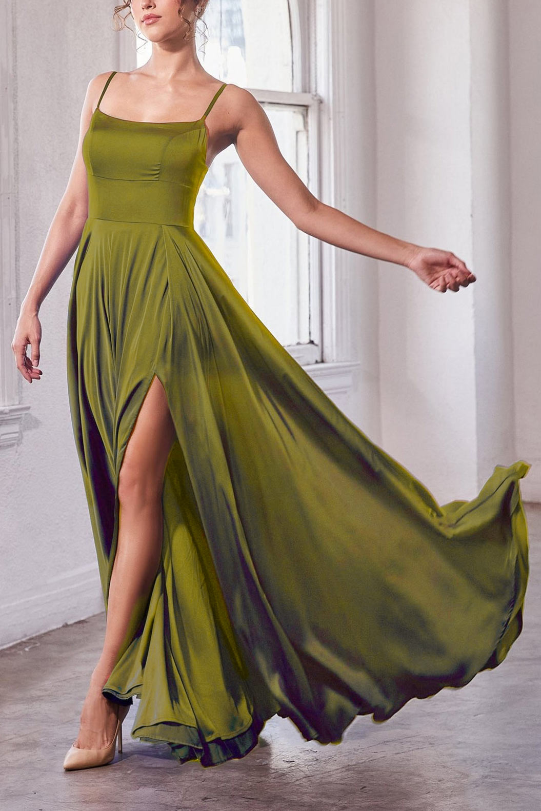 Darcy Khaki | Maxi Satin Dress with Slit