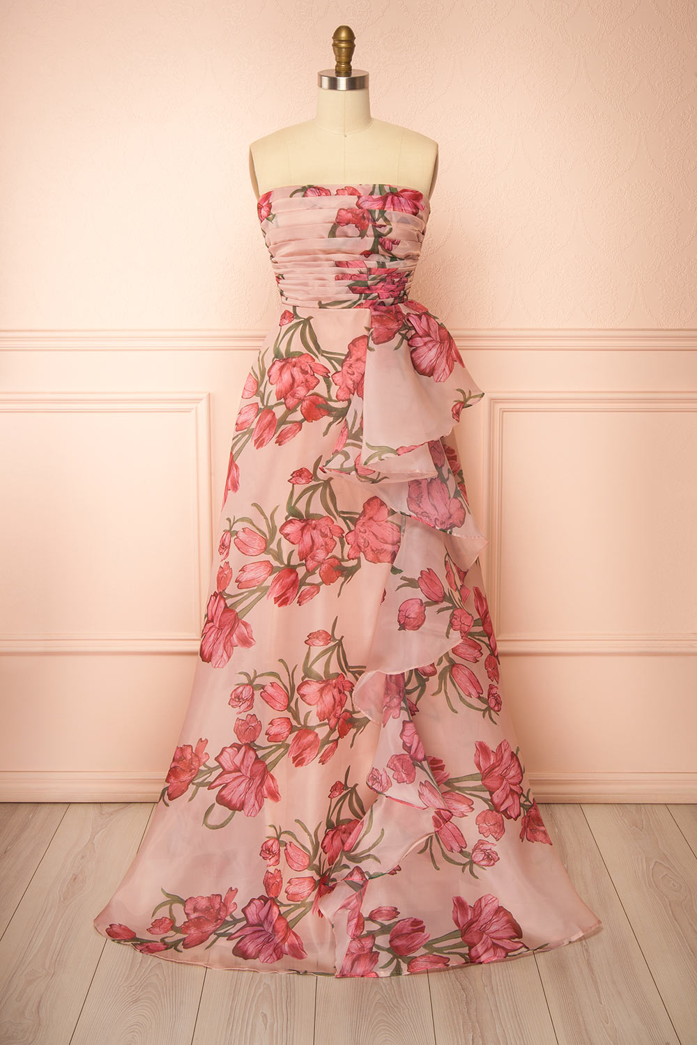 Delora | Floral Organza Ruffled Maxi Dress with Front Slit and Lace-Up Corset