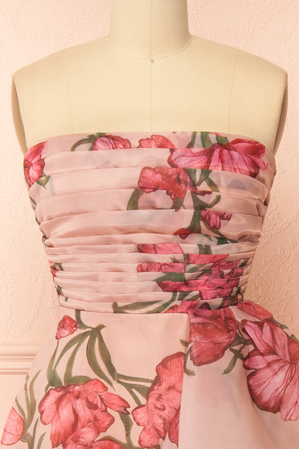 Delora | Floral Organza Ruffled Maxi Dress with Front Slit and Lace-Up Corset