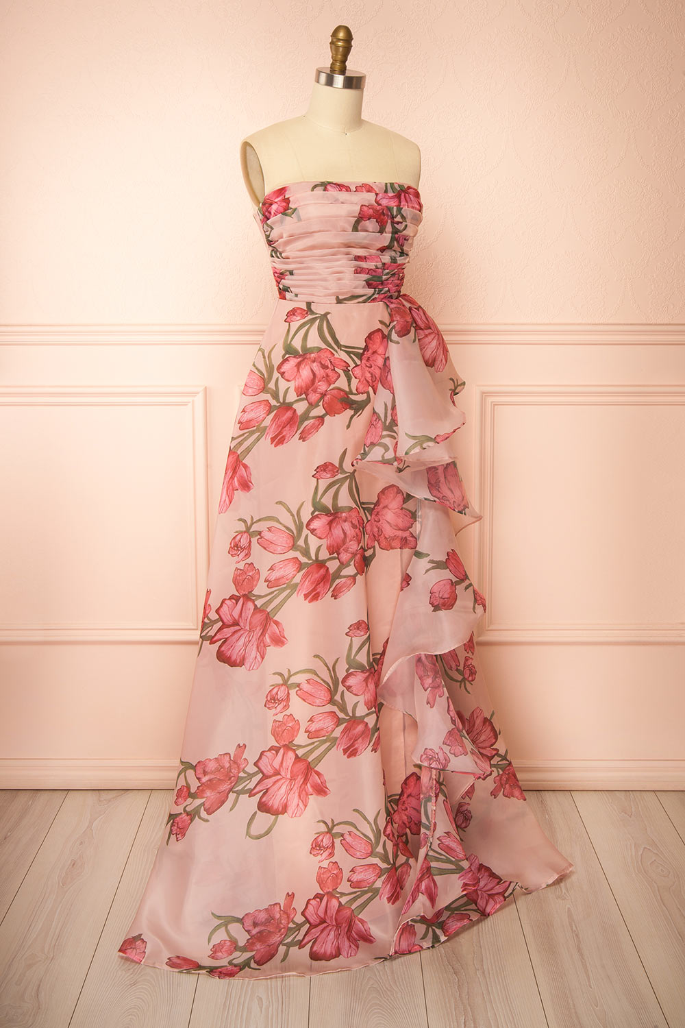 Delora | Floral Organza Ruffled Maxi Dress with Front Slit and Lace-Up Corset
