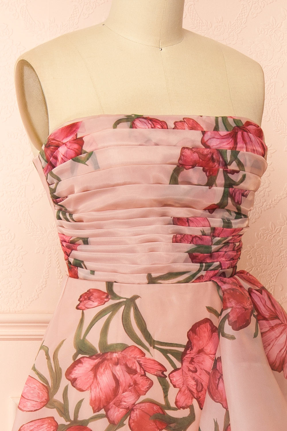 Delora | Floral Organza Ruffled Maxi Dress with Front Slit and Lace-Up Corset