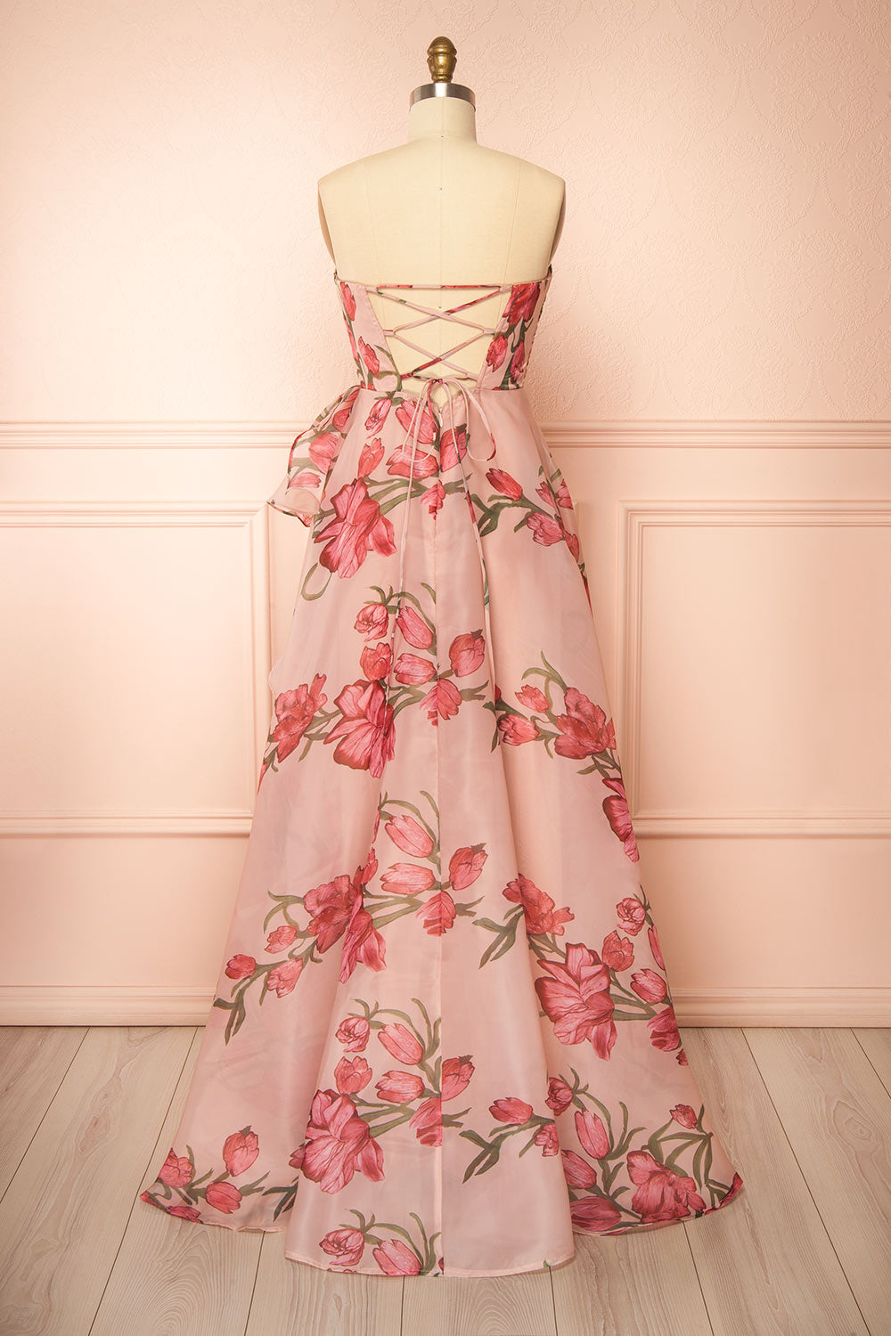 Delora | Floral Organza Ruffled Maxi Dress with Front Slit and Lace-Up Corset