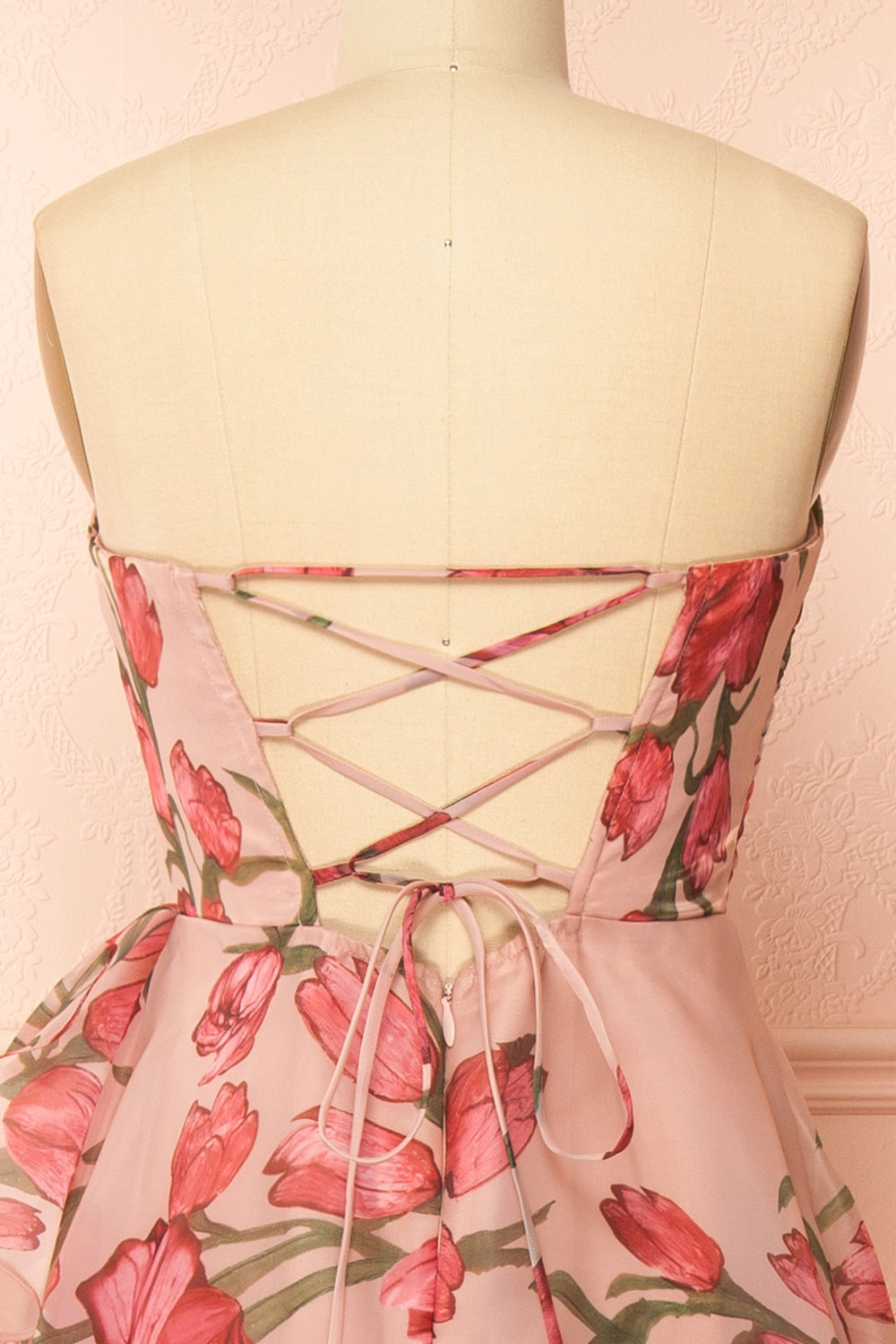 Delora | Floral Organza Ruffled Maxi Dress with Front Slit and Lace-Up Corset