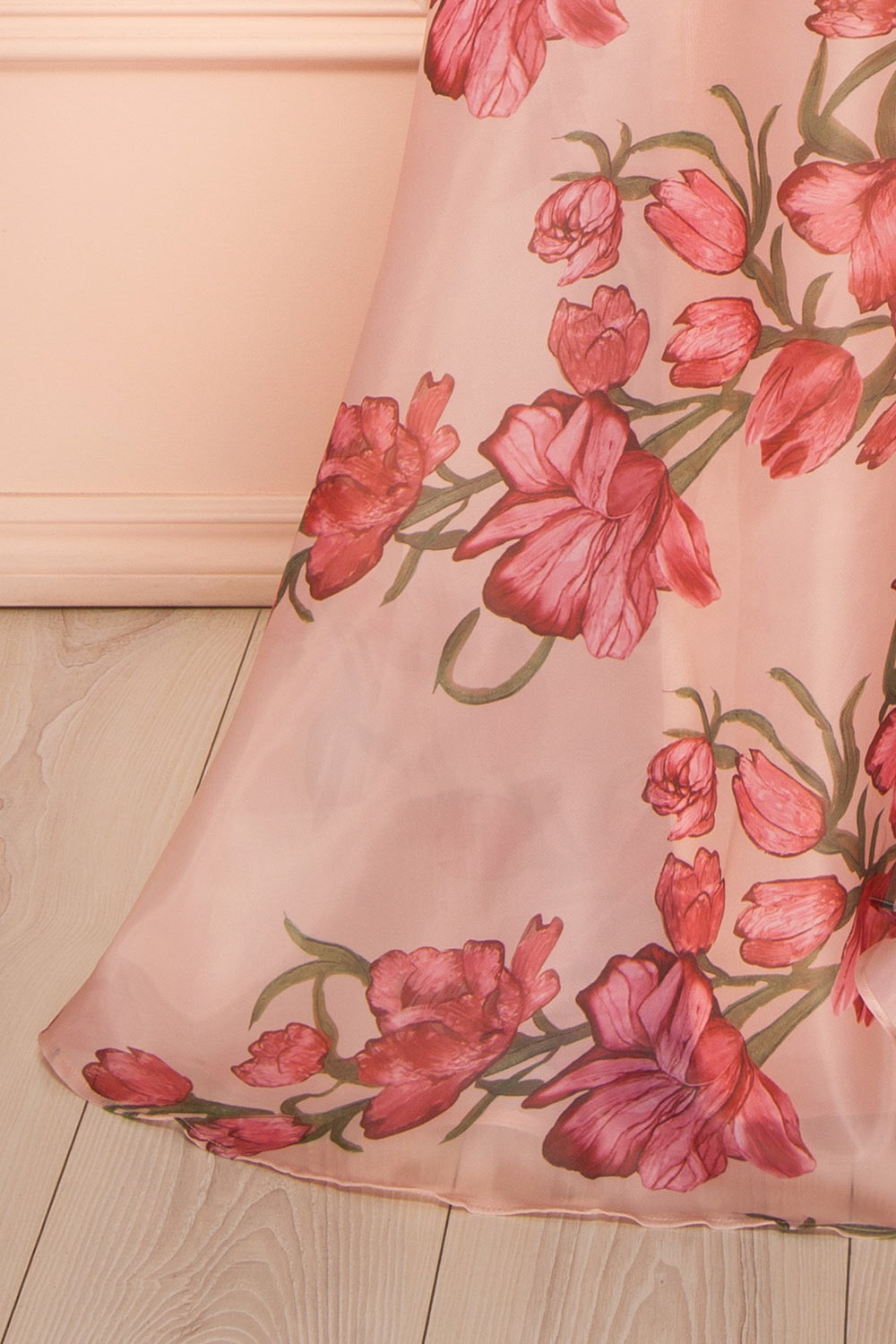 Delora | Floral Organza Ruffled Maxi Dress with Front Slit and Lace-Up Corset