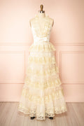 Demera | Ivory Tiered Embroidered Tulle Maxi Dress