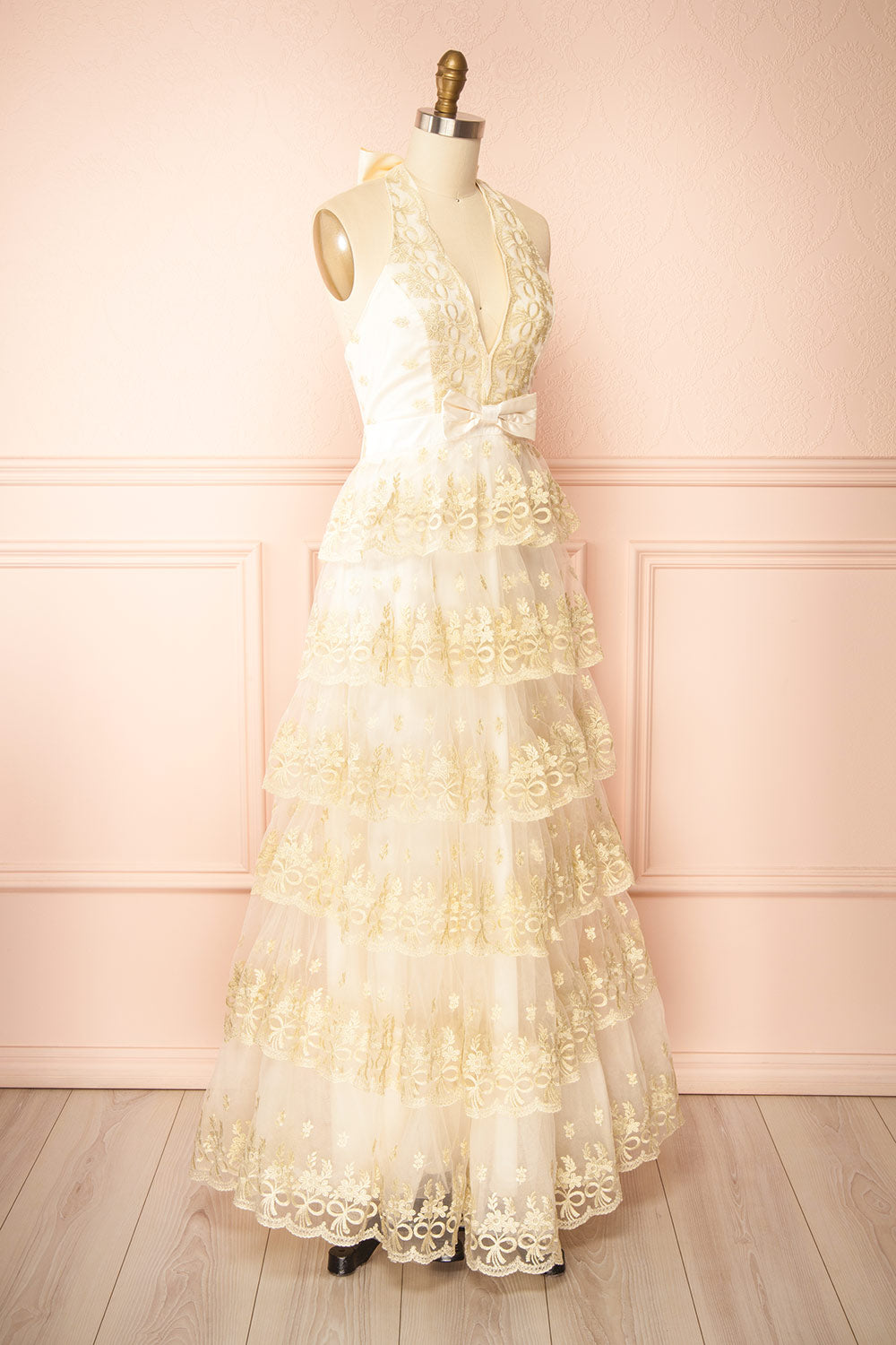Demera | Ivory Tiered Embroidered Tulle Maxi Dress