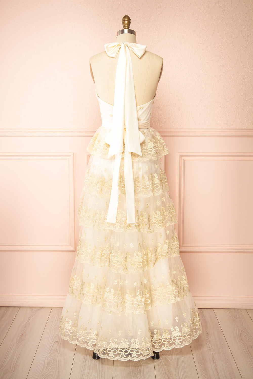 Demera | Ivory Tiered Embroidered Tulle Maxi Dress