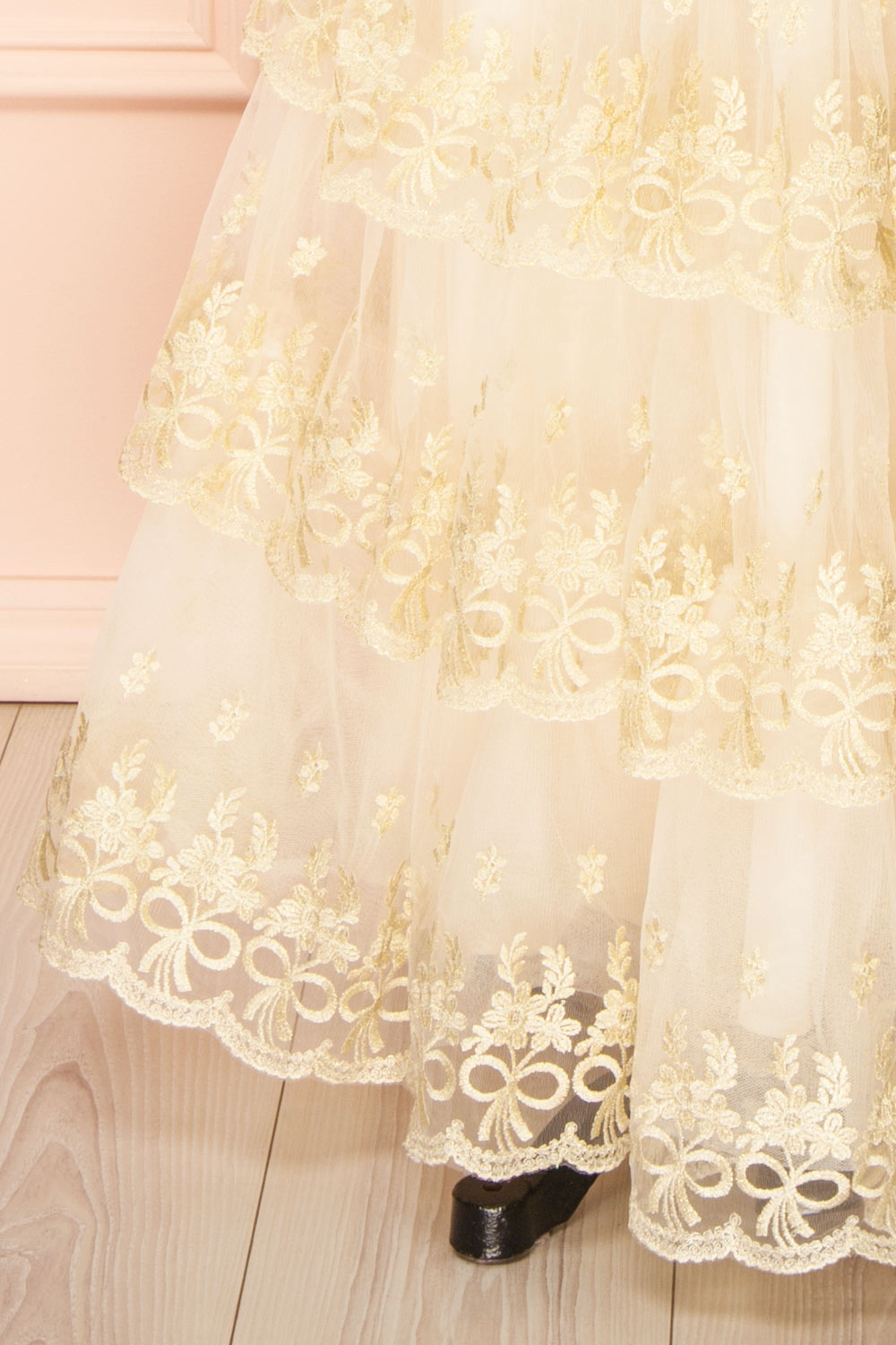 Demera | Ivory Tiered Embroidered Tulle Maxi Dress