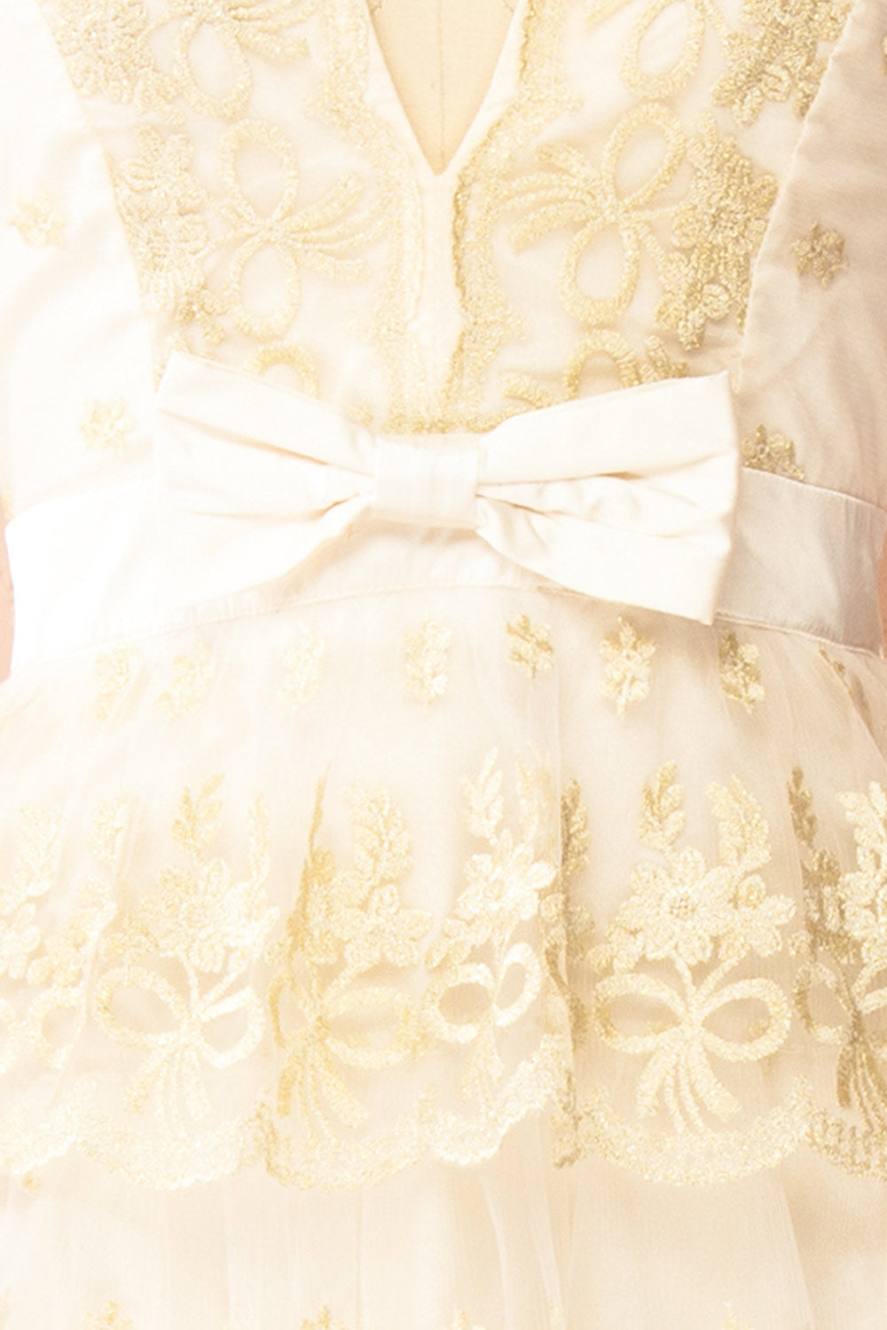 Demera | Ivory Tiered Embroidered Tulle Maxi Dress