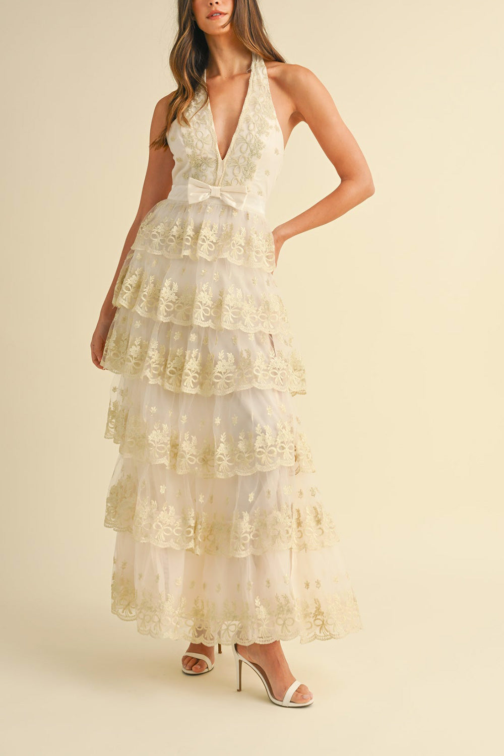 Demera | Ivory Tiered Embroidered Tulle Maxi Dress