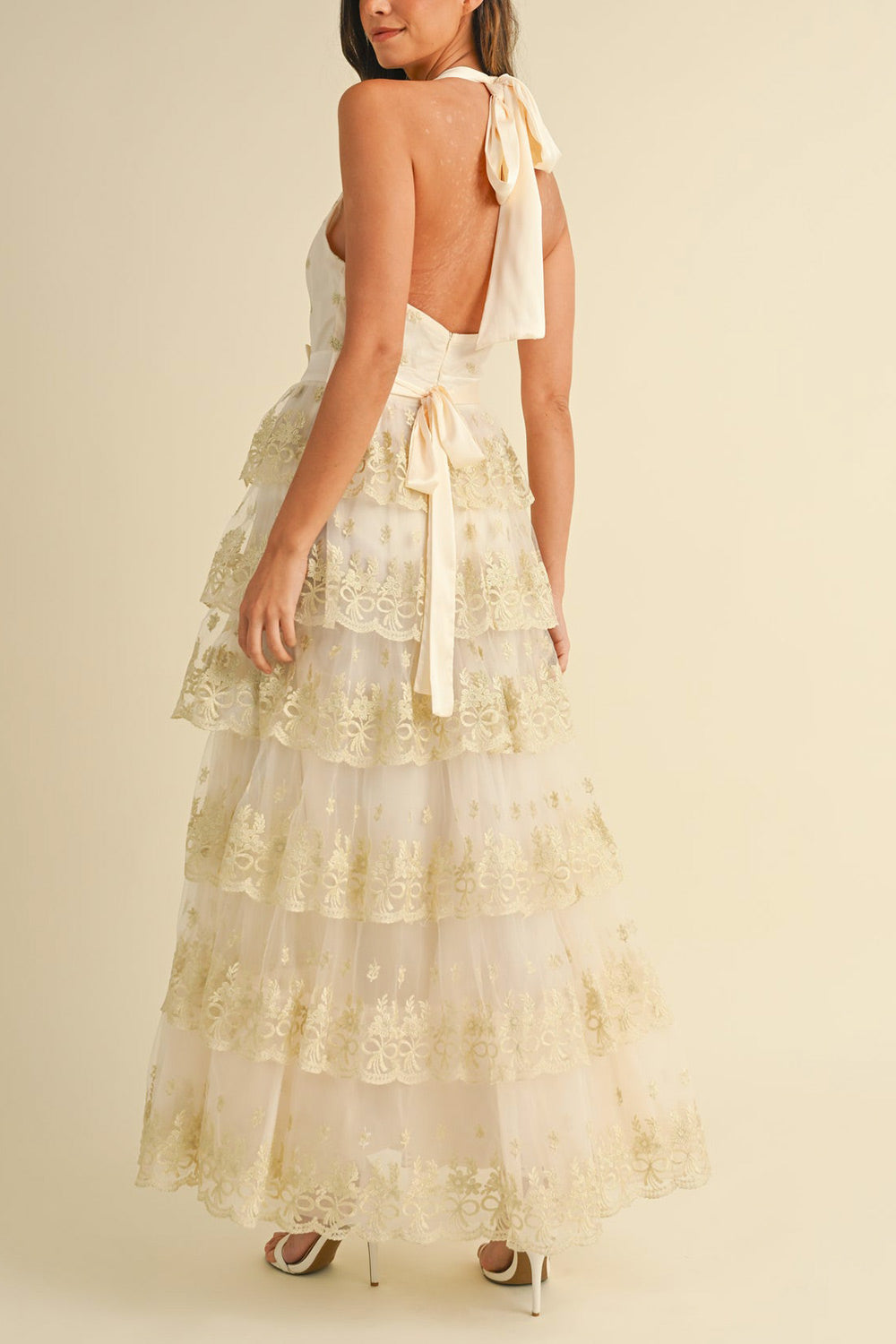 Demera | Ivory Tiered Embroidered Tulle Maxi Dress