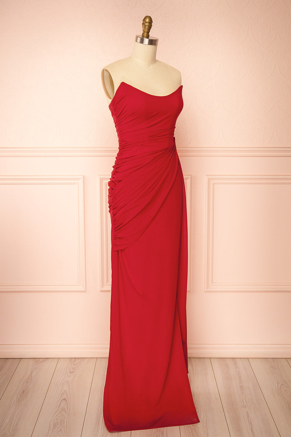 Destiny Red | Strapless Chiffon Maxi Dress with Side Sash