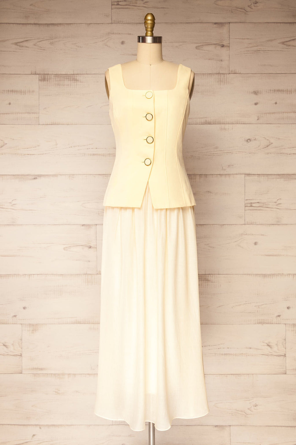 Dhule Light Yellow | Sleeveless Contrast Maxi Dress with Button Front