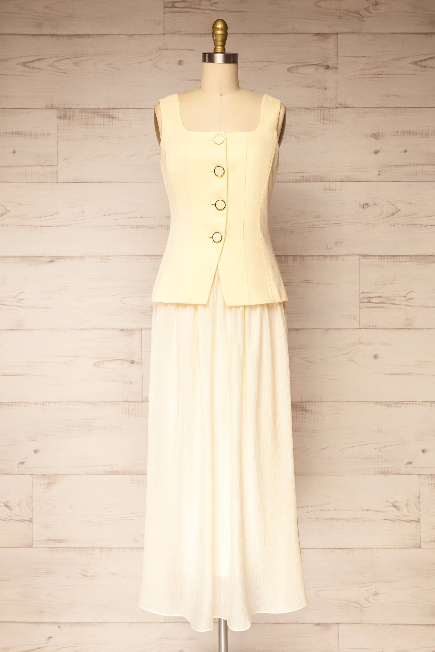 Dhule Light Yellow | Sleeveless Contrast Maxi Dress with Button Front