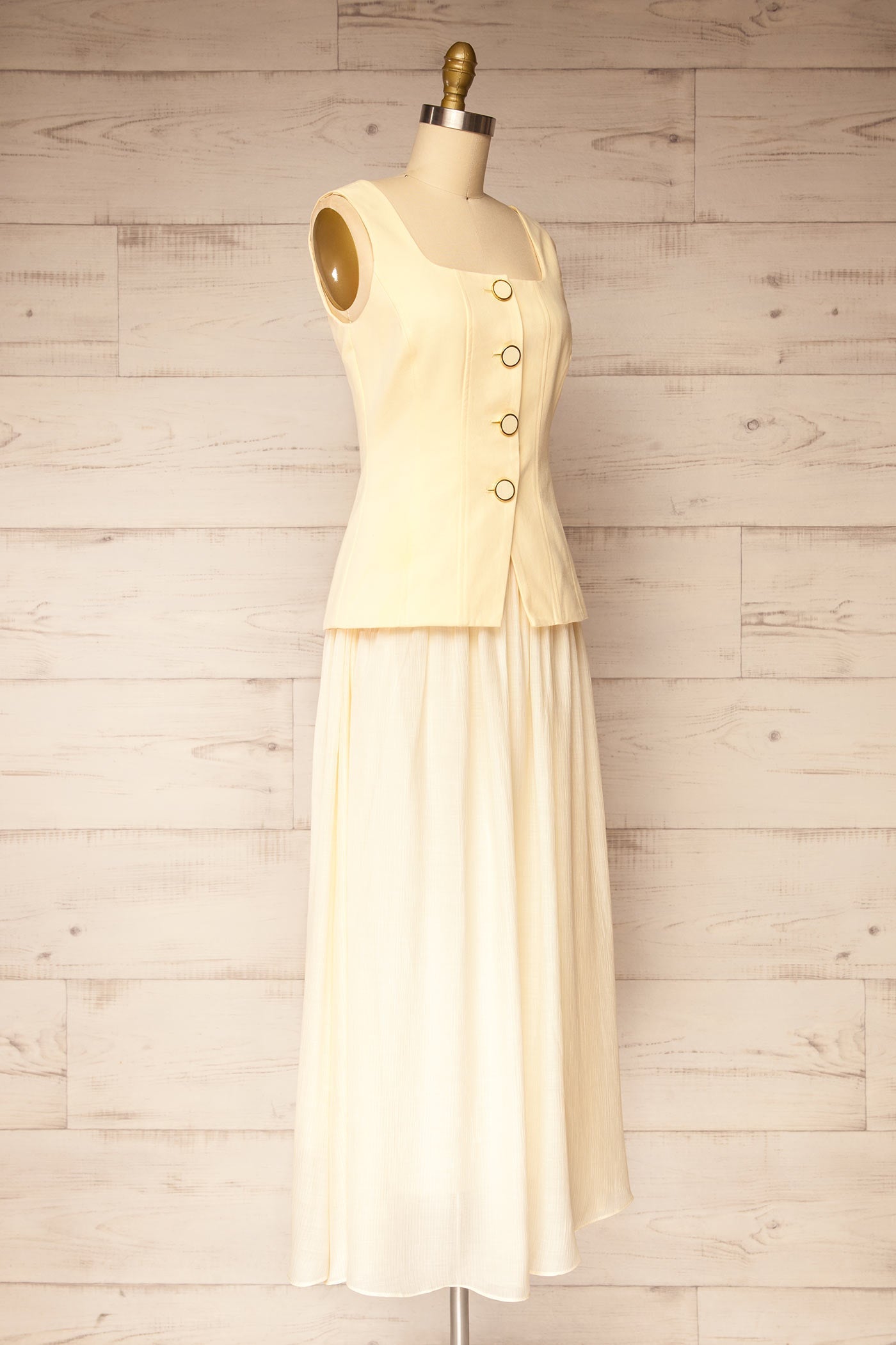 Dhule Light Yellow | Sleeveless Contrast Maxi Dress with Button Front