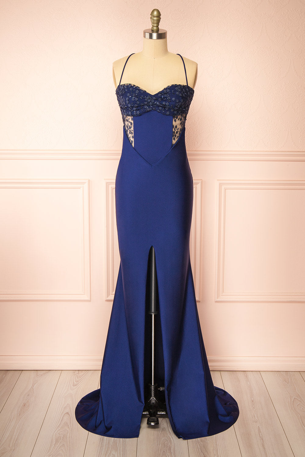 Elaria Navy | Embroidered Fitted Dress with Slit by Arti Gogna